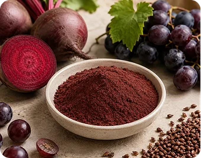 Grape skin powder with the fruit it comes from. Only the skin fraction is used.